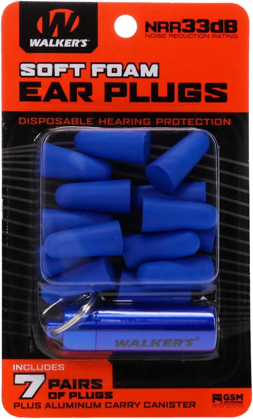 Walker's 33dB Noise-Canceling Hearing Safety Protection Range Shooting Hunting Work Soft Comfortable Adaptable Foam Earplugs, 7 Pairs & Aluminum Carry Canister