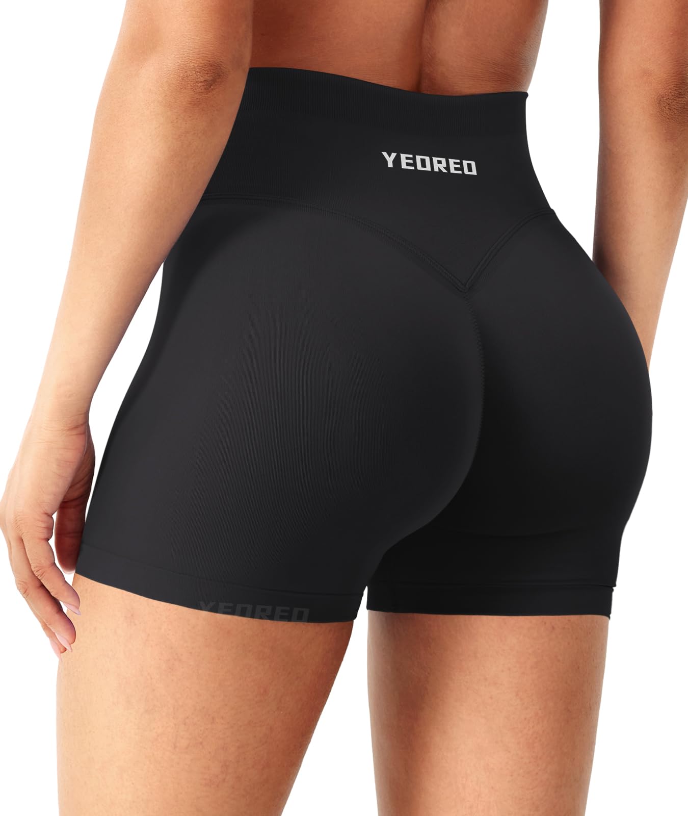 YEOREO Workout Shorts Womens Butt Lifting 4.5" Seamless Hidden Scrunch High Waist Gym Tummy Control Christiy Biker Shorts Black M
