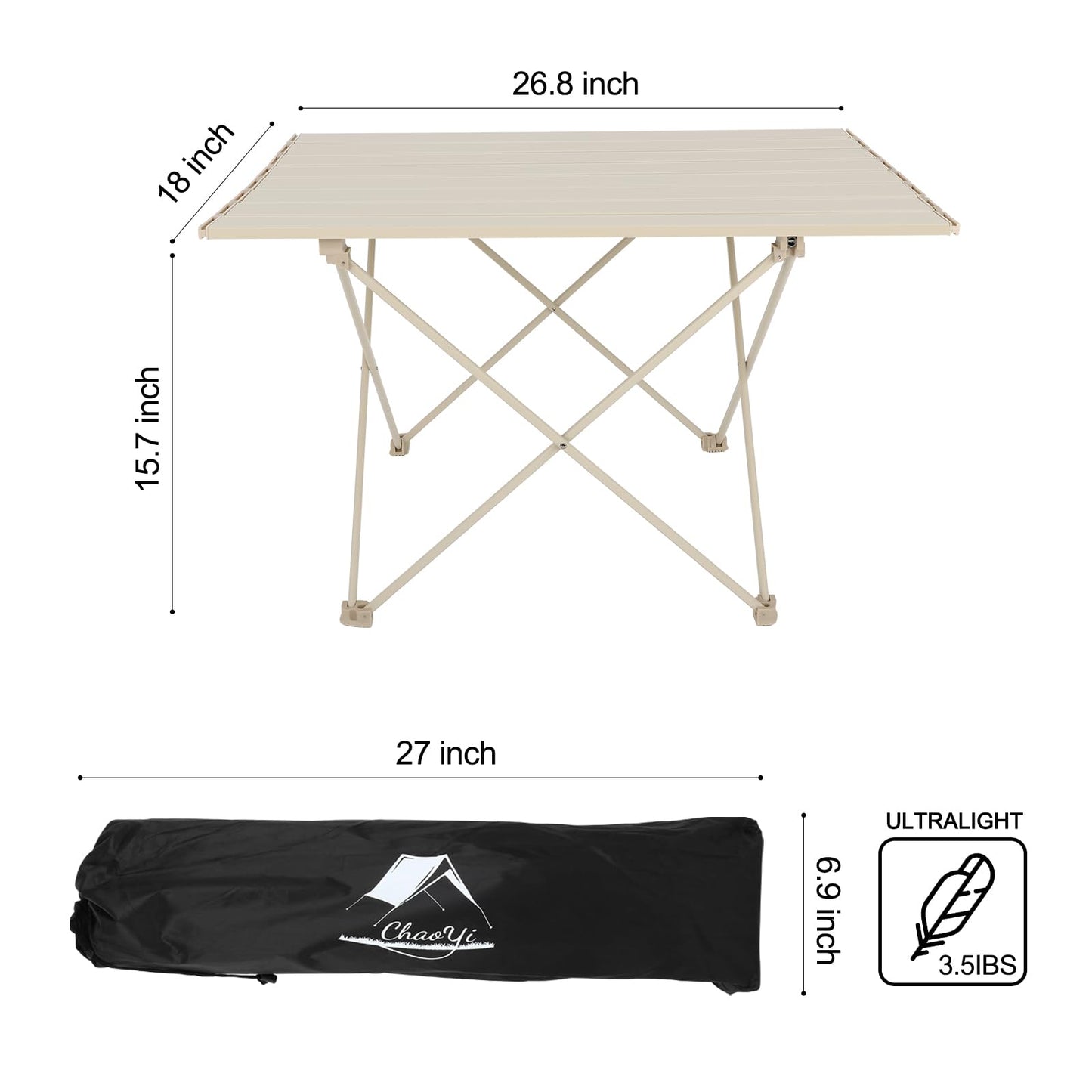 FAHKNS Portable Camping Table,Folding Side Table Aluminum Top for Camping Hiking Backpacking Outdoor Picnic（27" D x 18" W x 16" H，Off White）