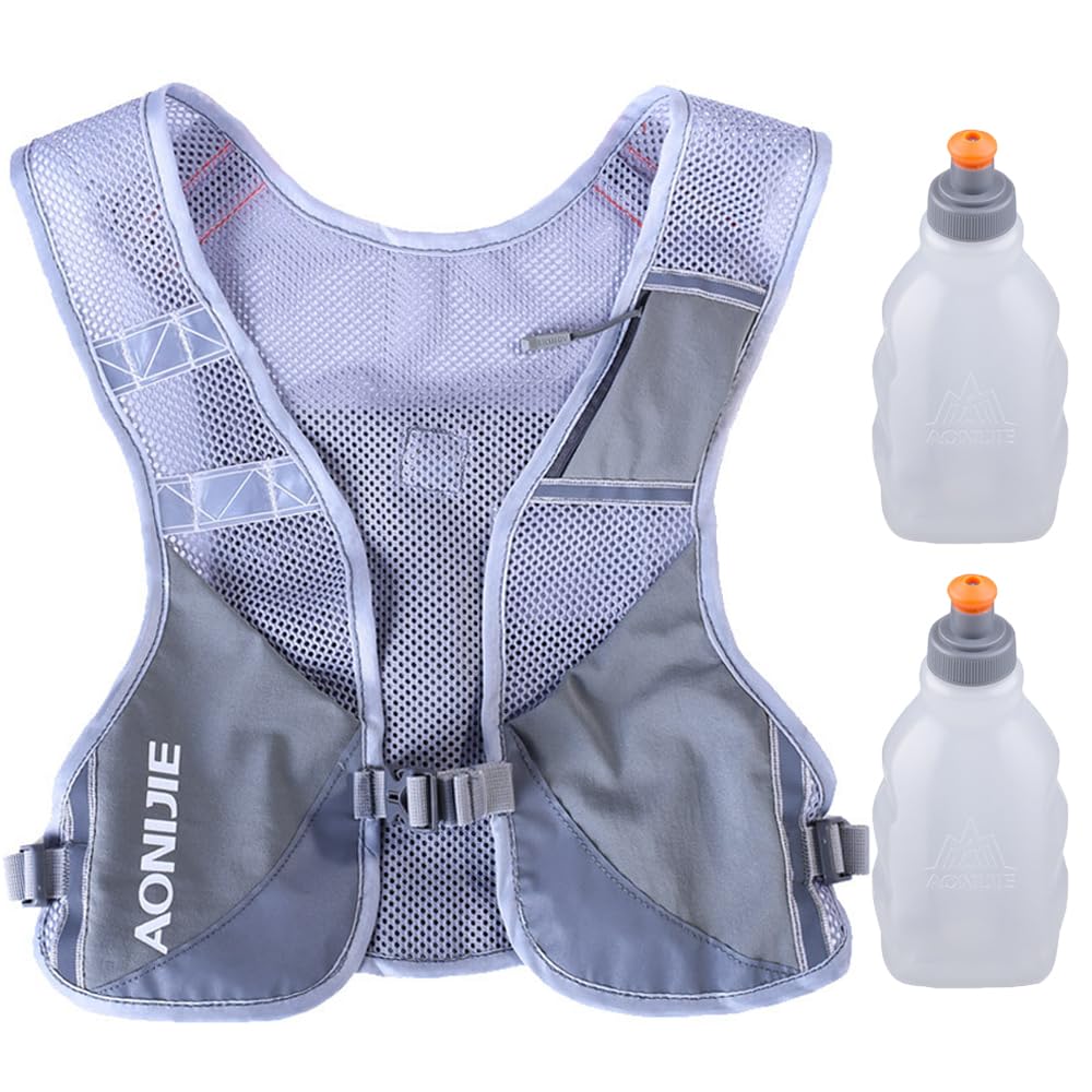 AONIJIE Ultralight Running Vest with Reflective Strip Breathable Hydration Backpack for Hiking Camping Marathon Cycling Race (Gray with 2*250ml Water Bottle)
