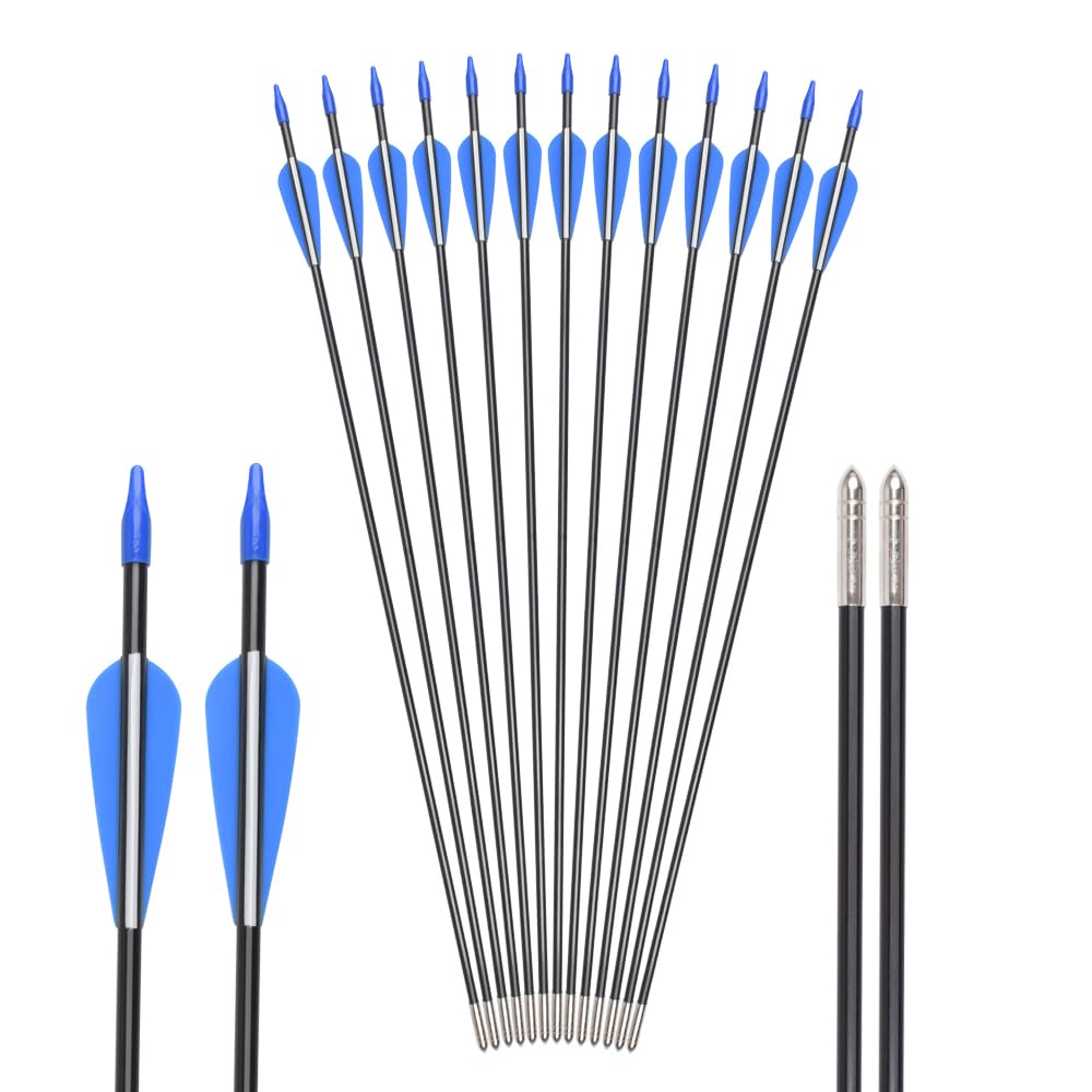 Fiberglass Arrows Archery 28 Inch Target Shooting Practice Safetyglass with Blue and White Vane for Recurve Bows Suitable for Youth Children Woman Beginner 6 PCS