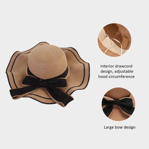 Women's Wide Brim Straw Hat, Summer Beach Sun Protection Hat with Bowknot (Khaki)