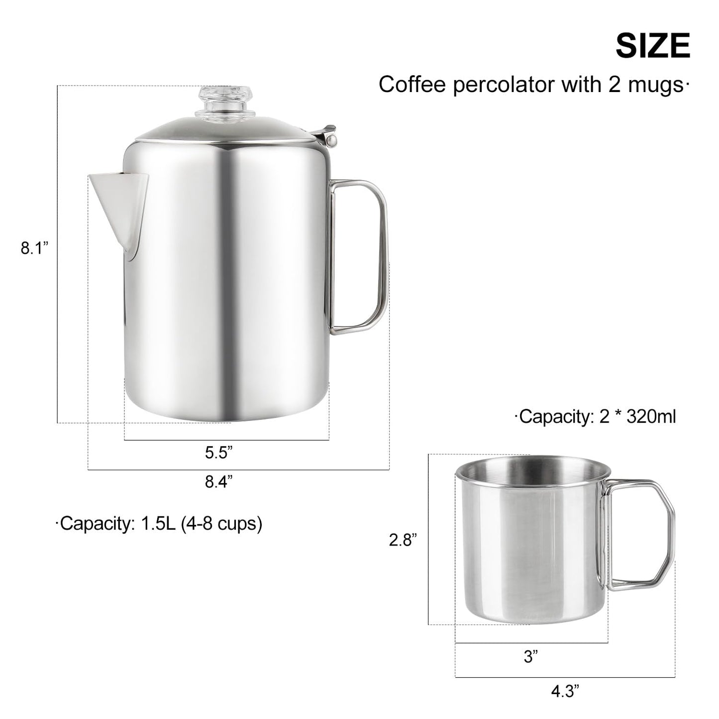 APOXCON Coffee Percolator Bundle with 2 Mugs Stainless Steel Coffee Maker with Heat Resistant Tough Glass Knob & Foldable Handle Using on any Stovetop Outdoor Camping NO Aluminum NO Plastic (8 Cup)