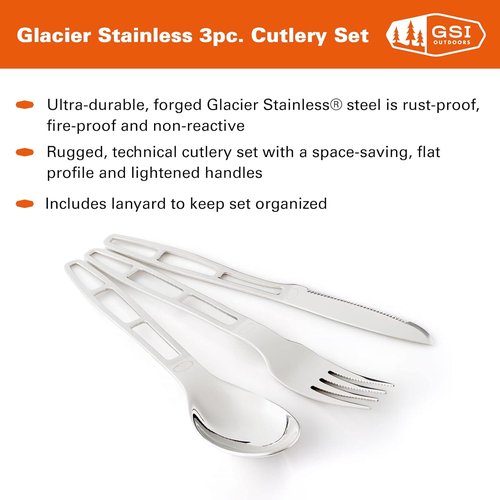 GSI Outdoors Glacier Stainless 3 pc. Cutlery Set for Camping, Backpacking and Travel