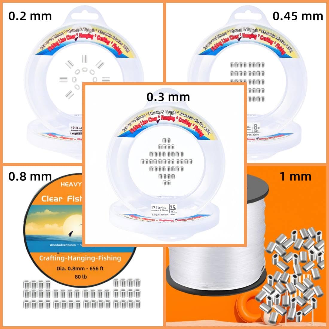 Aboda Clear Fishing Line, Fishing Wire for Hanging Beading Crafts w Crimp Sleeves, Strong Clear String for Hanging Decorations, Invisible Nylon Threads Cords for Balloons Garlands Jewelry Making