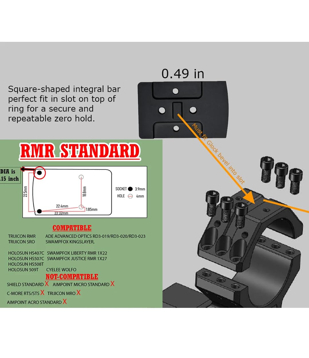 Gotical Tactical 34mm Tube 20MOA One Piece Ring Mount w/10:30, 12 o'clock, 1:30 Top Optic RMR Mount Plate, 1.57" Central Height, for 20mm Picatinny Rail
