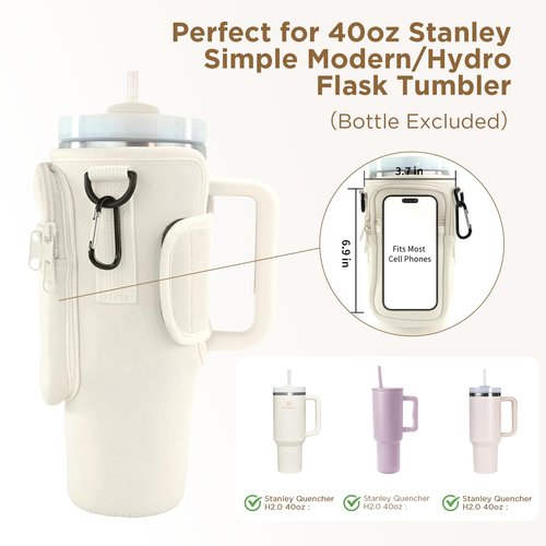 Water Bottle Carrier Bag with Phone Pocket for Stanley Cup Tumbler 40 oz & Simple Modern Tumbler - Water Bottle Holder with Adjustable Strap, Neoprene Pouch, Carabiner - for Stanley Cup Accessories