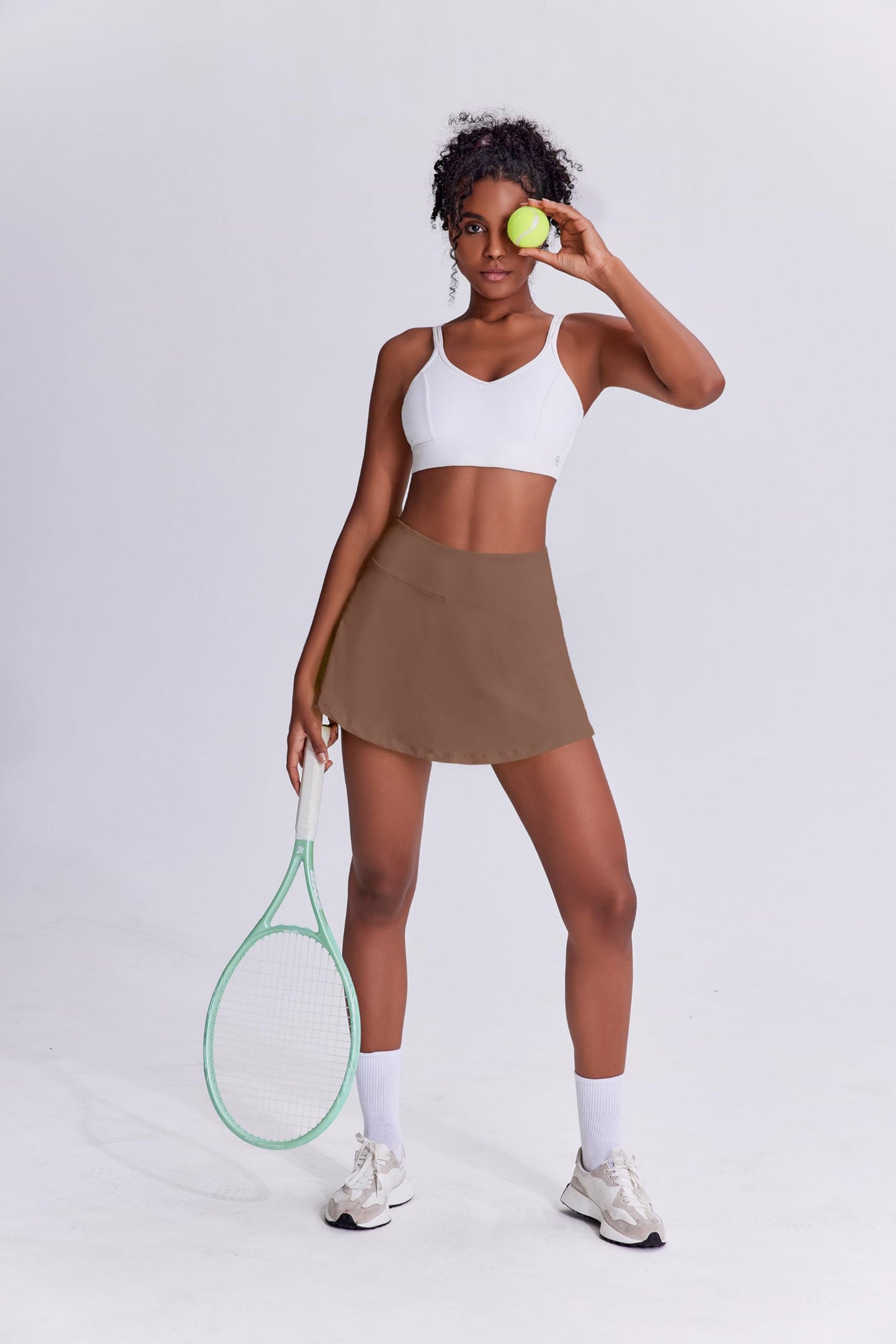 PINSPARK Tennis Skirts for Women Mini Pleated Skirt 13" Mini Athletic Skort Inner Shorts Pocket Golf Outfits,Brown X-Large