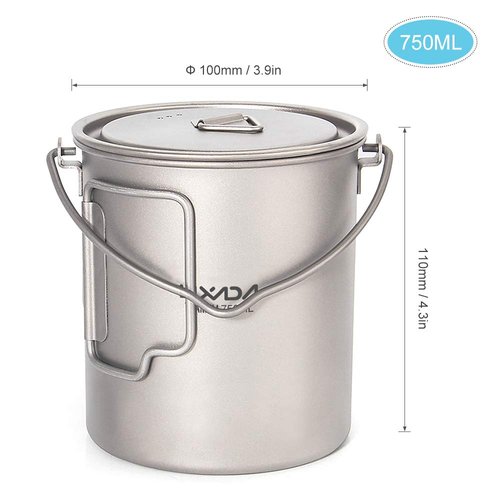 HUIOP Titanium Pot, 750ml/900ml/1100ml Ultralight Titanium Pot Water Mug Cup with Lid and Foldable Handle Outdoor Camping Cooking Picnic