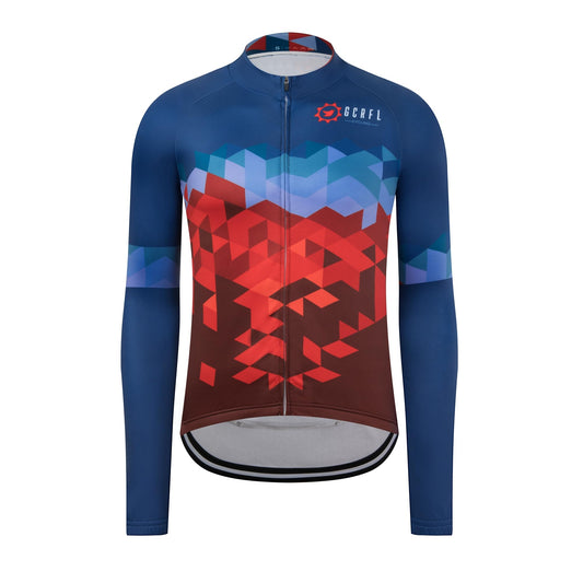 GCRFL Winter Men's Cycling Jersey Long Sleeve Cold Weather Cycle Tops Cycling Jacket Thermal Fleece Bike Shirts Zipper Pocket (Blue Red, L)