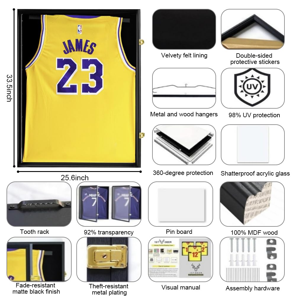 Jersey Frame Display Case, NETGOG 23.6x31.5-in Large Jersey Frame Shadow Box Lockable with UV Protection Acrylic and Hanger for Collection Baseball Basketball Football Hockey Sport Shirt Black