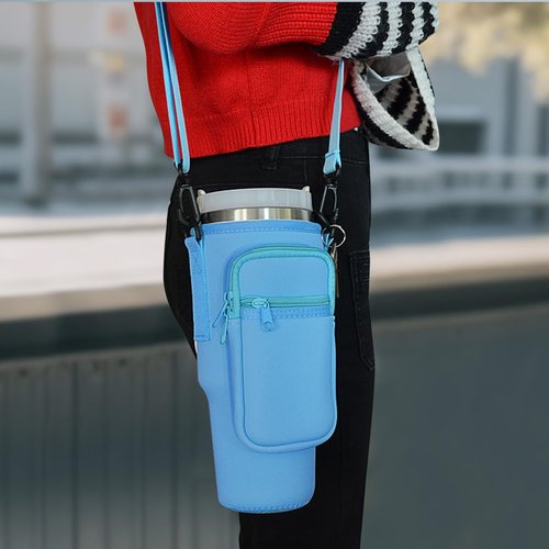 Bringsine Water Bottle Carrier Bag with Pouch Pocket for Stanley 40 Oz Tumbler with Handle, Neoprene Water Bottle Holder Pouch with Adjustable Strap and Carabiner for Stanley Cup Accessories-Blue