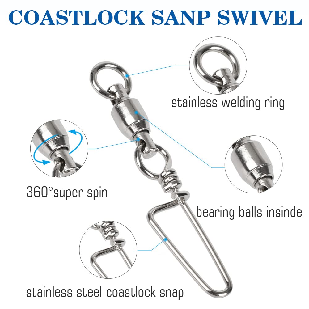 AMYSPORTS High Strength Fishing Snap Swivels - 50pcs, 19lbs, Ball Bearing, Stainless Steel, Saltwater & Freshwater