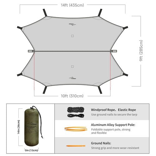 Travel Bird Ultralight Tarp, 14ft Hammock Rain Fly Lightweight Waterproof Camping Tent Tarp with Doors, Bushcraft Tarp Shelter for Backpacking Hiking Camping