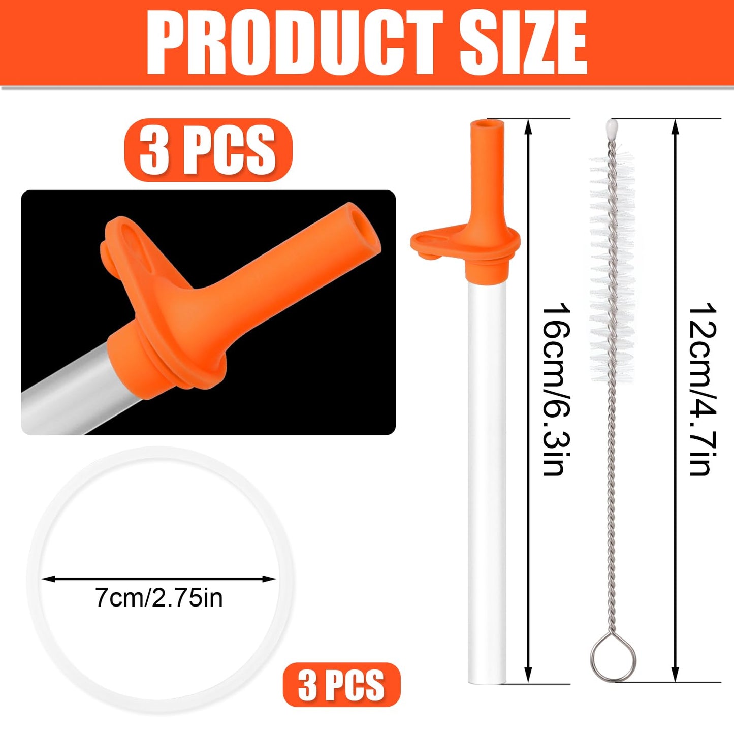 3pcs Replacement Straws with Bite Valve for Zak Designs Kelso Kids 15oz, BPA Free Reliable Straw Cup Accessories with Zak Designs and Reusable Gaskets Brush for Water Bottles (Orange)