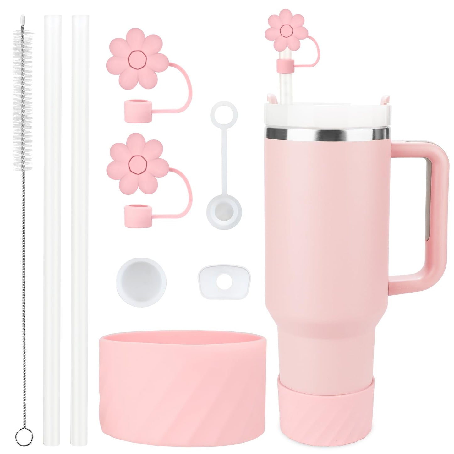 9PCS Cup Accessories for Stanley 40oz Tumbler Including 2 Straw Covers, 2 Replacement Straws, 1 Straw Brush, 1 Silicone Spill Proof Stopper set (Pink)