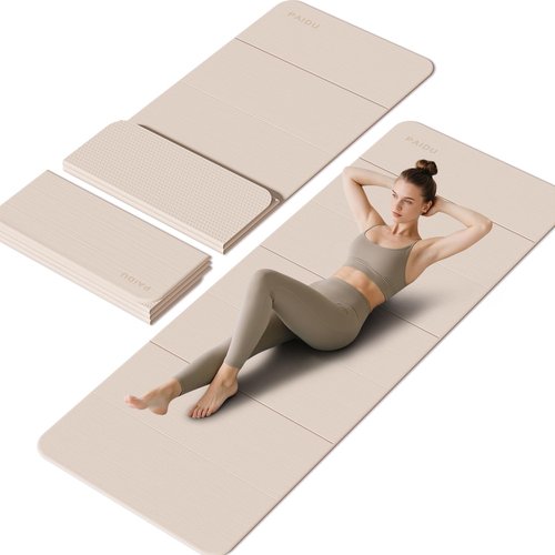 PAIDU Foldable Yoga Mat - 10mm Extra Thick, 75"26" Non-Slip Exercise Fitness Mat | SGS Eco-Certified, Portable for Yoga/Pilates/Studio/Home Workout （Beige）