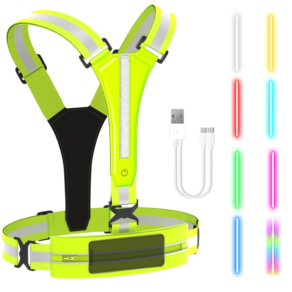 FUNWICT LED Reflective Vest Running Gear 7 Lights Colors Rechargeable High Visibility Safety Vest Reflectors for Walking at Night Reflective Running Vest for Men Women (Neongreen)