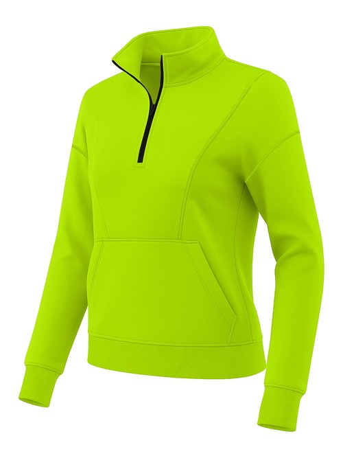 URBAN BUCK Womens Fleece Lined Hoodie High Visibility - Long Sleeves Arryn Quarter Zip Up - Neon Green Oversize Pullover Sweatshirt Top (L)