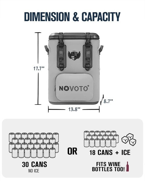 Novoto Magnetic Backpack Cooler 30 Can, Zipperless Soft Sided Cooler Bag for Men & Women, Insulated Portable Ice Chest Box for Tailgating, Beach, Lunch, Picnic, Kayak (Gray)