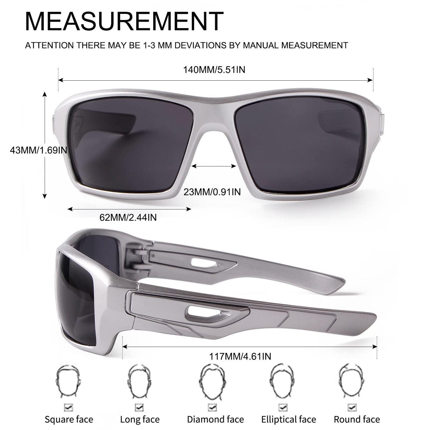ADE WU Polarized Sports Sunglasses for Men Women, Trendy Rectangle Sunglasses Mens Designer Eyewear (Silver/Grey)