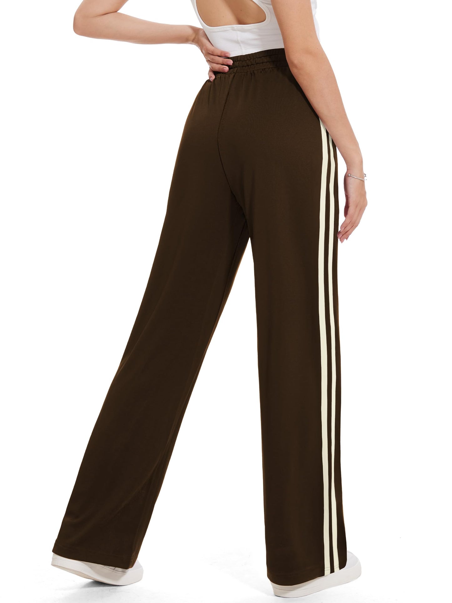 Tapata Petite Womens 28" Inseam Track Pants Relaxed Fit Striped Workout Sweatpants Baggy Trousers with Zipper Pockets, Brown, L