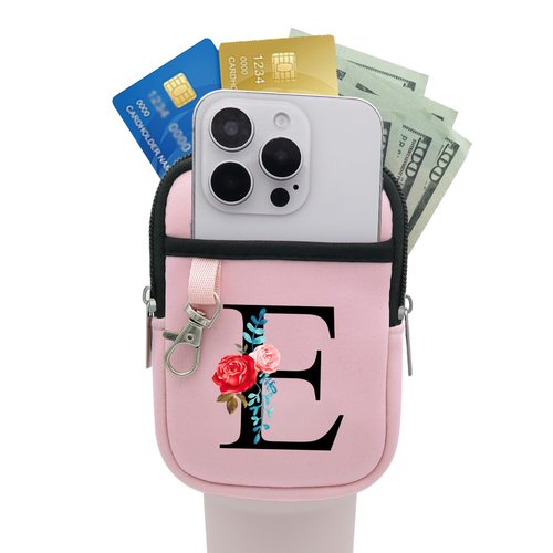 Initial A-Z Water Bottle Pouch for Stanley Cup Gym Tumbler Accessories, Compatible with Stanley Quencher Adventure IceFlow Yeti 40oz 30oz 20oz, Personalized Name ID Pocket for Cash, Phone, Key (E)