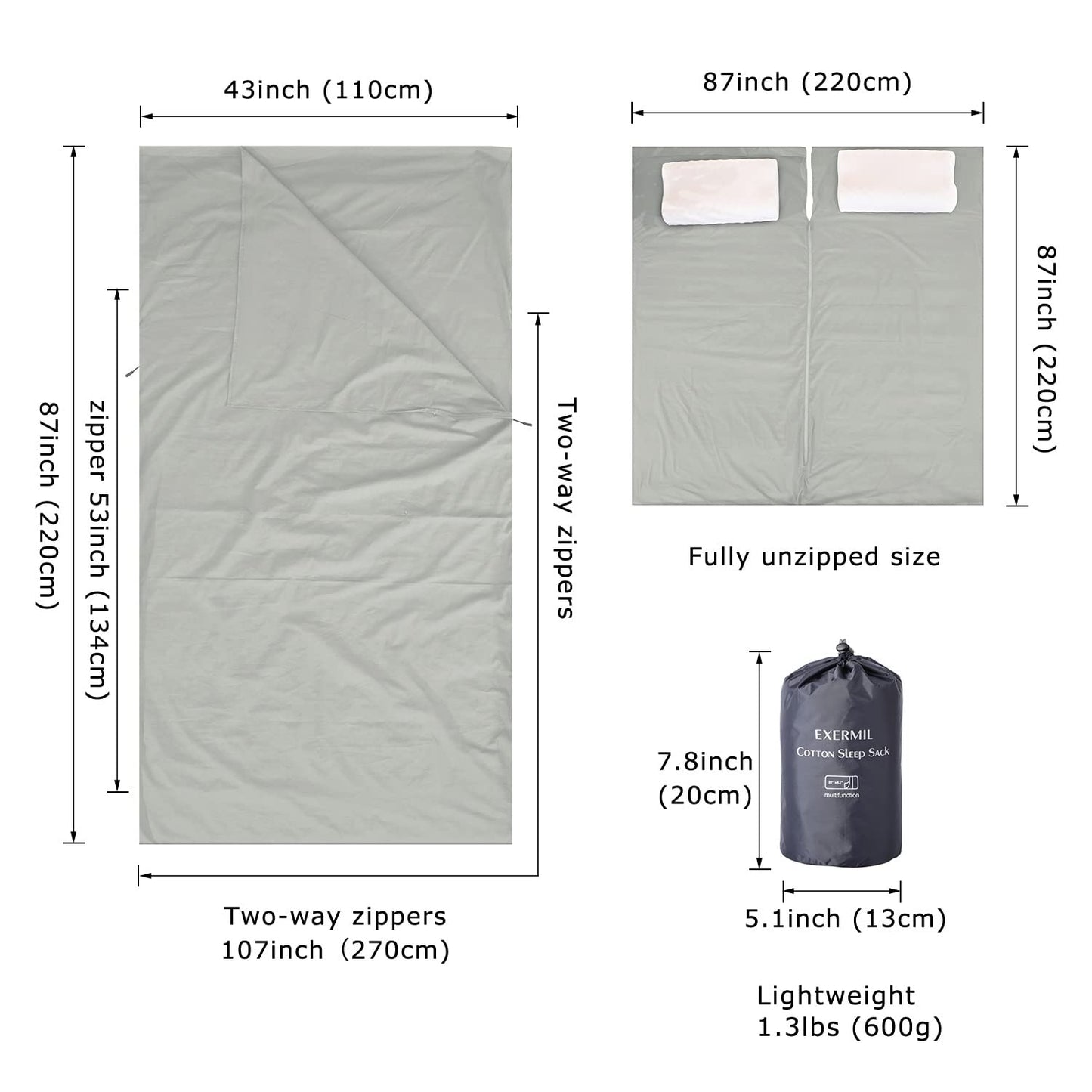 EXERMIL 100% Cotton Sleeping Bag Liner with Full Length Zipper on 3 Sides; Single/Double Adult Sleep Sack for Travel & Camping, Multifunctional Travel Sheets (Unzipped 87”x87”) for Hotel, Lightweight