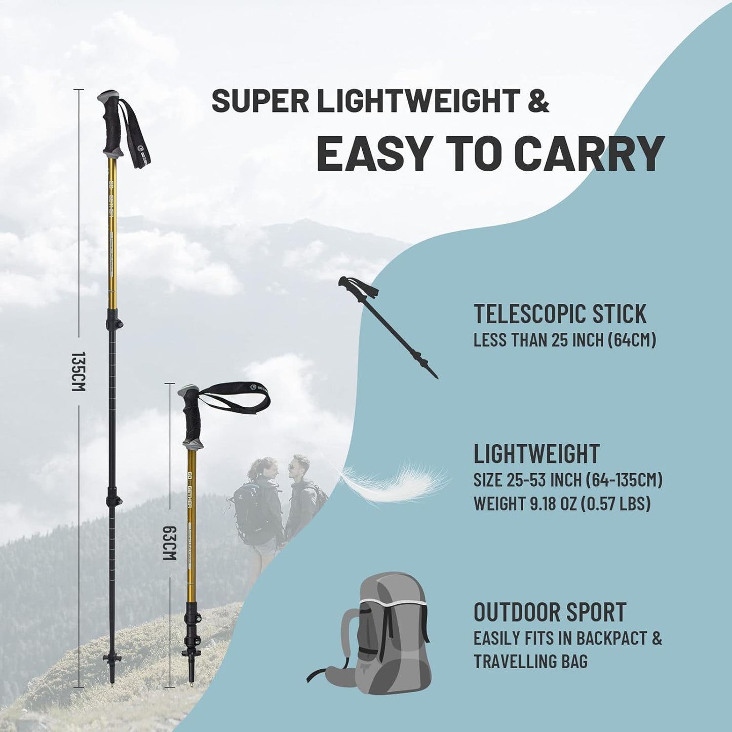 Aluminum Trekking Poles - Quick Adjustable Locks, Comfort Handle, Padded Strap, Snow Baskets - Walking Sticks Suitable for Hiking, Walking