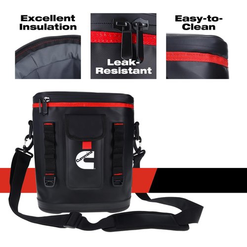 Cummins Portable Soft Cooler Bag CMN34718 12-Can Double-Laminated Insulated Cooler with Strap, 48-Hour Ice Retention Adult Insulated Thermal Bag for Work Camp Beach - Black