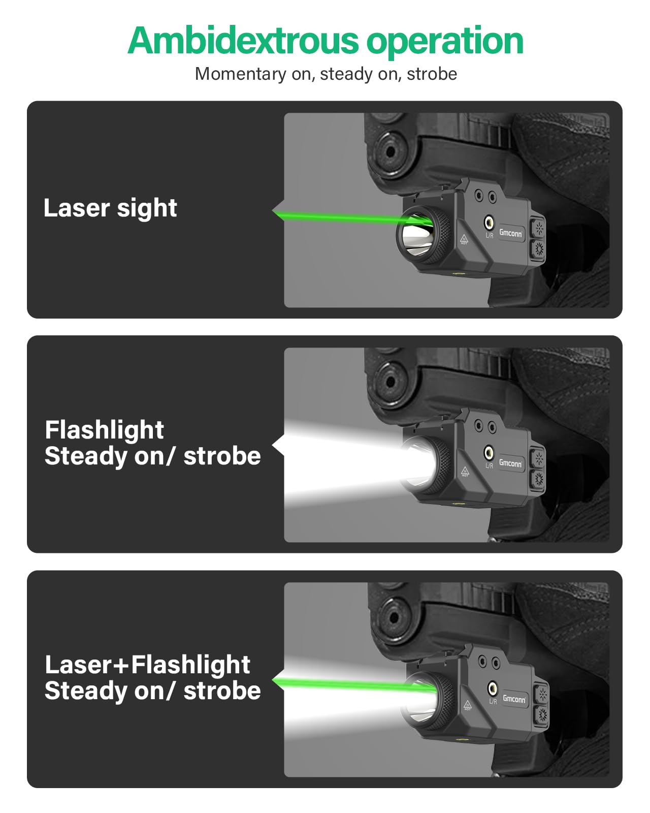 Gmconn 800 Lumen Tactical Flashlight Green Red Blue Laser Light Combo, Rechargeable Pistol Light with Strobe Function (Green Laser)