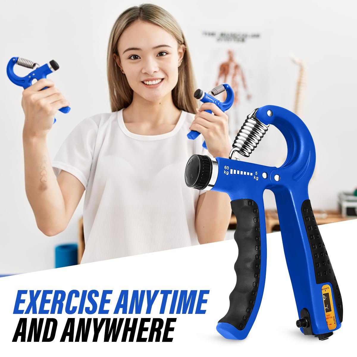 Hand Grip Strength Trainer with Adjustable Resistance 10-130lbs (4.5-59kg), Forearm Hand Grip Strength Exerciser for Muscle Building, Injury Recovery, and Therapy Stress Relief, Blue