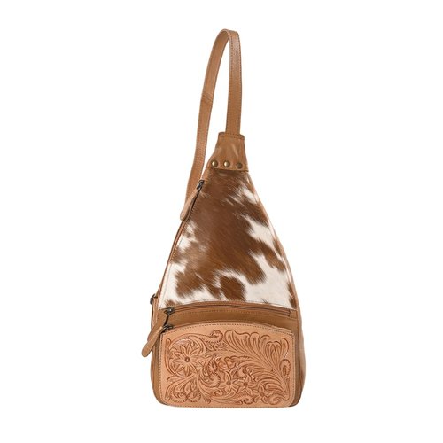 Merbaa Sunset Serenade Sling Cowhide Hair on Crossbody Bag - Hand Tooled Unisex Sling Backpack