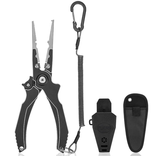 Aluminum Alloy Fishing Pliers, Corrosion Resistant,Multifunctional Hook Remover with 2 Sheaths,Safety Lock, Fishing Line Cutting,Tungsten Carbide Cutters, 8 Inch Lightweight Fishing Tool
