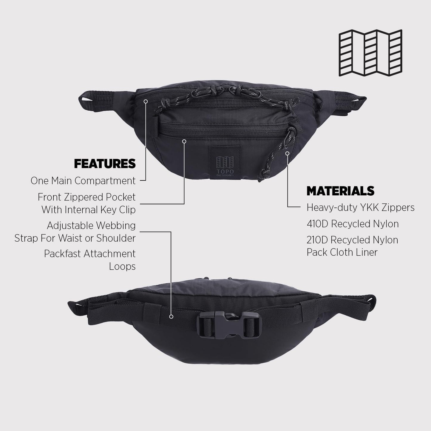 Topo Designs Mountain Waist Pack, Hip Bag, 100% Recycled Nylon Construction, 2L capacity, YKK Zips (Black/Black)