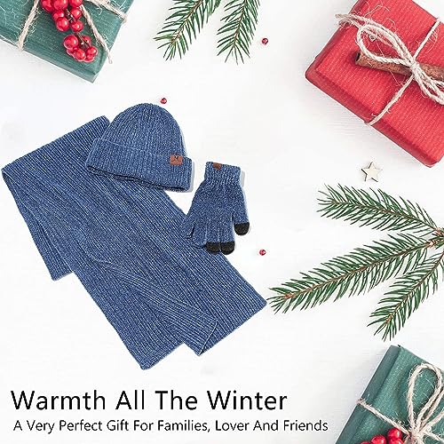 Women's Winter Knit Hat Beanie Scarf Gloves Set - One Size Blue