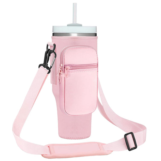 Momocici Letter Cup Carrier Bag with Strap & Pouch for Stanley Quencher 40oz Tumbler. Crossbody Holder Bag Compatible with Stanley Cup for Hiking, Travelling, Camping. (Rose Quartz)