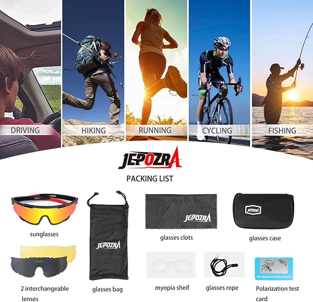JEPOZRA Sunglasses Men Polarized Sports Cycling Glasses for Women with 3 Interchangeable Lenes for Baseball,Fishing, Ski Running