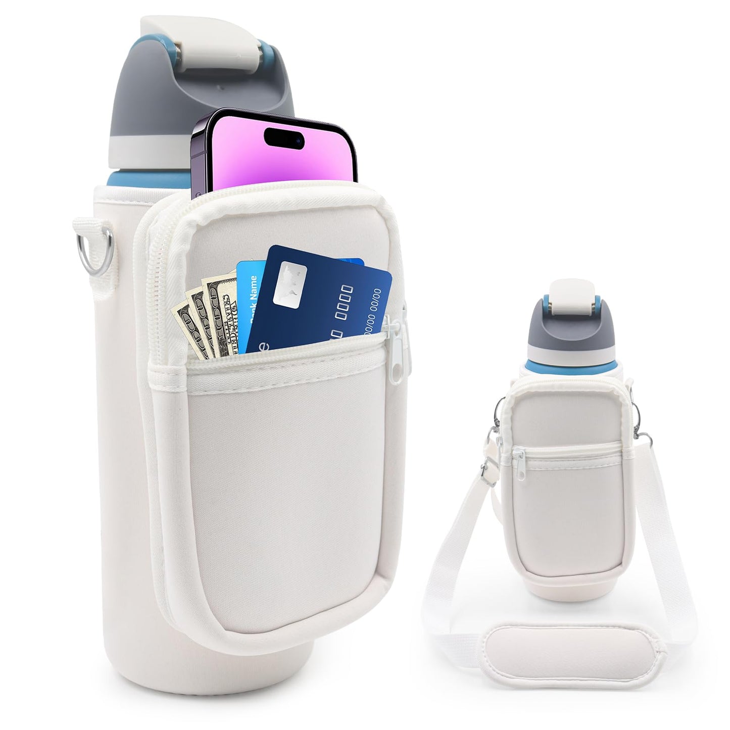 for Owala FreeSip Insulated Stainless Steel Water Bottle Cup Holder Cover Carrier Sling Bag with Strap, Pouch Pocket for Phone/Accessories, add Handle for Owala 24oz (White-24oz)