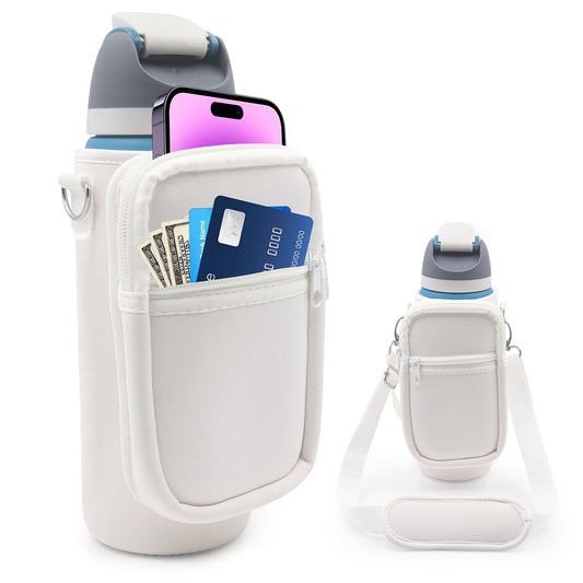 for Owala FreeSip Insulated Stainless Steel Water Bottle Cup Holder Cover Carrier Sling Bag with Strap, Pouch Pocket for Phone/Accessories, add Handle for Owala 24oz (White-24oz)