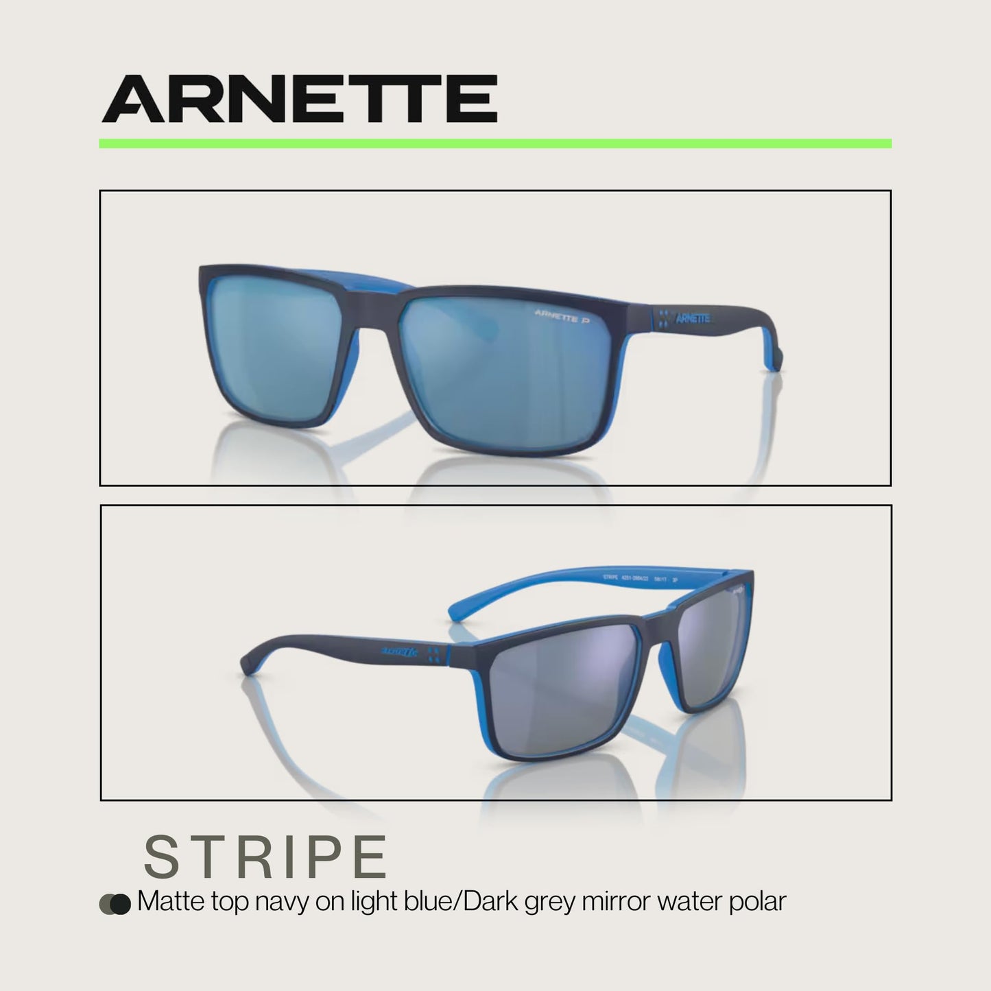 ARNETTE Stripe AN4251 286422 58MM Matte Top Navy on Light Blue/Dark Grey Mirror Water Polar Polarized Sunglasses for Men +BUNDLE with ACCESSORY EYEWEAR KIT