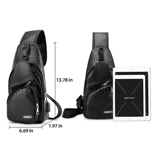Peicees Pack of 2 Leather Sling Bag Mens Crossbody Bag Chest Bag Sling Backpack for Men with USB Charge Port, Crocodile Grained Black & Classic Black