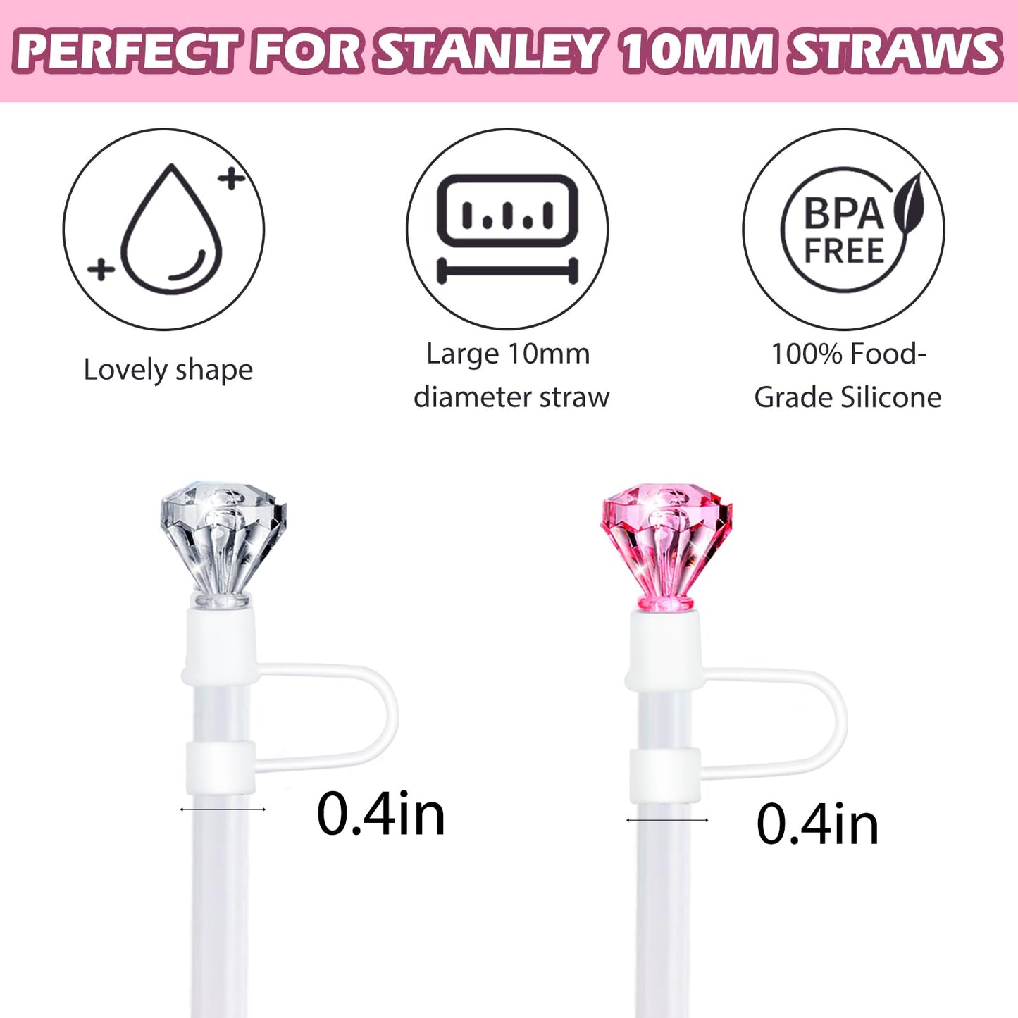 8Pcs Diamond Accessories for Stanley Cup Glitter Straw Topper Silicone Boot Bow Tie Crystal Handle Charms for Stanley Cup 30&40 Oz Pink Tumbler Cup Water Bottle Accessories Set Reusable Straw Cover