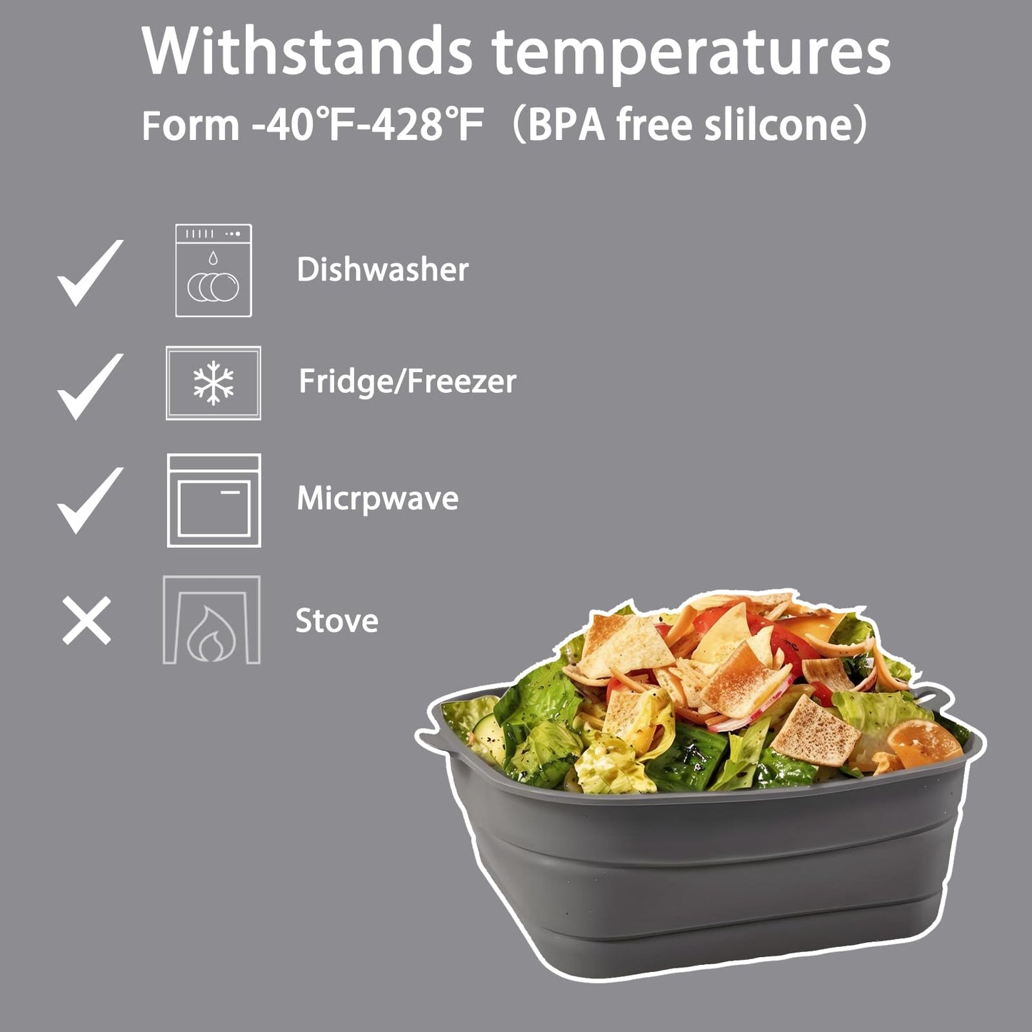 Fchil Collapsible Silicone Bowl for Camping, 170oz Silicone Foldable Salad Bowl, Portable Camping Travel Container for Outdoor Hiking Storage Mixing, Grey(QY102)