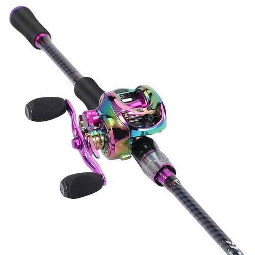 Sougayilang Baitcasting Fishing Combos, Carbon&Glass Fiber Composite 2 Piece Fishing Rods with Casting Reel- 6'0"- Purple- Right Handed