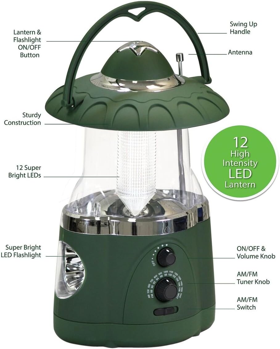 190485 12-LED Lantern with 4-LED Flashlight & AM/FM Radio (Green)