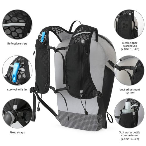 IX INOXTO Foldable Hydration Backpack with Two 500ML Flasks, 15L Lightweight Hiking Daypack, Waterproof Hydration Packs for Men and Women, Outdoor Hiking Travel and Running (Grey)