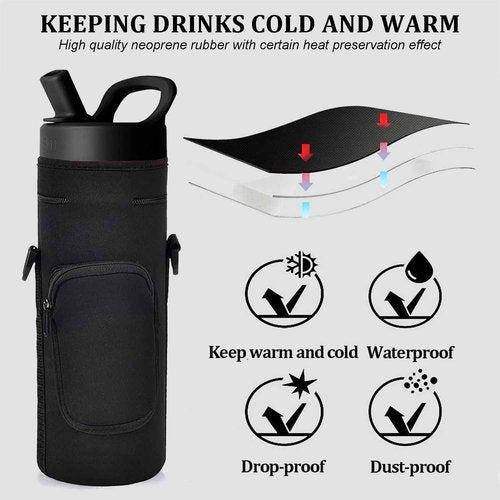 NUENSS-ROR Neoprene Water Bottle Slevee 34 oz Portable Insulated Water Bottle Sling Holder Bag Waterproof Anti-Slip Anti-Scratch Slevee Cover Compatible with Simple Modern Water Bottle (Black, 34oz)