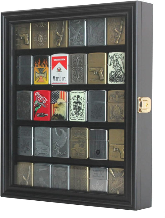 30 Lighters Display Case Wall Cabinet Compatible with Zippo Lighters Military Sport Collectible Match Book Black Frame