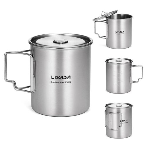 Lixada Camping Cup Pot 750ml Stainless Steel Water Cup Mug with Titanium Long Spoon Foldable Handles and Lid for Outdoor Camping Hiking Backpacking